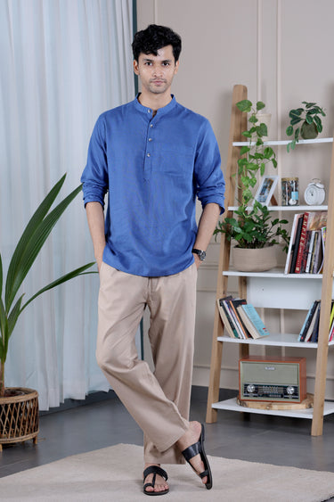Denim Blue Dyed Lyocell Linen Men Short Kurta
