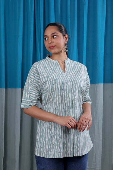 Blue Sanganeri Lite Cotton Flax Women Kurti Long Sleeves WKILS12254