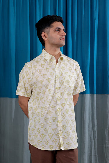 Yellow Sanganeri Natural Cotton Linen Men Shirt Half Sleeves MSHHS012615