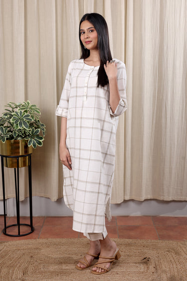 Ivory Checks Cotton Linen Women Long Kurta