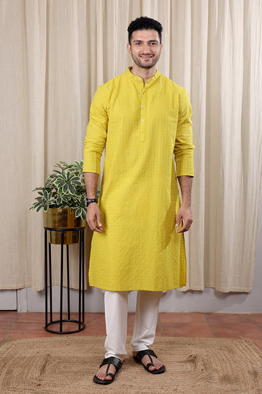 Burnt Yellow Checks South Cotton Men Long Kurta Full Sleeves MLKFS252C23