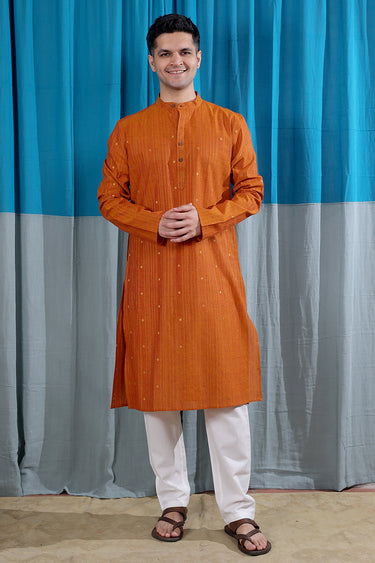 Rust Zari Stripes Buti South Cotton Men Long Kurta