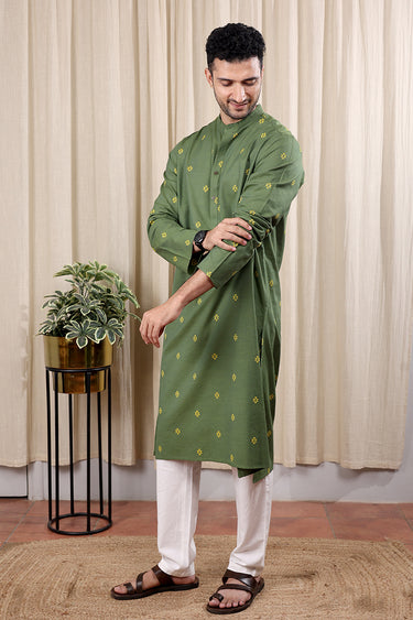 Green Dobby South Cotton Men Long Kurta Full Sleeves MLKFS252C11