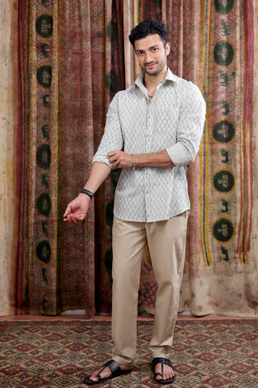 Green Sanganeri Cotton Linen Men Shirt Full Sleeves MSHFS253C2