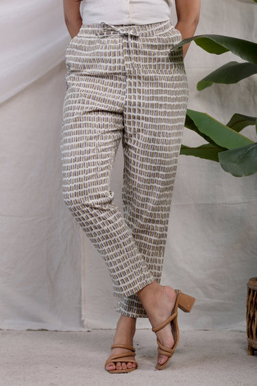 Brown Purple Sanganeri Natural Cotton Linen Women Ankle Pant