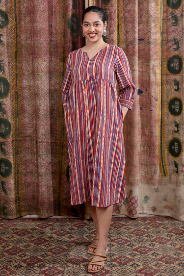 Rust Bagru Cotton Flax Women Midi Dress Long Sleeves WDRLS253C5