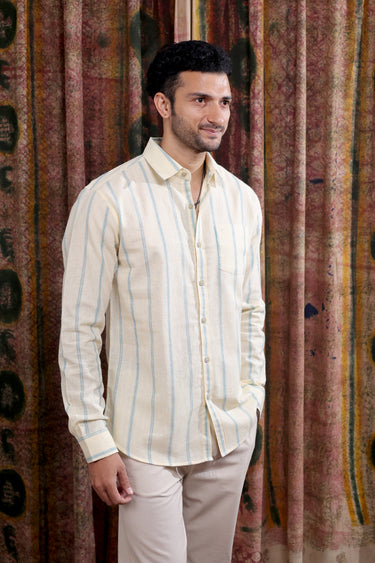 Blue Beige Stripes Cotton Linen Men Shirt Full Sleeves MSHFS253C3
