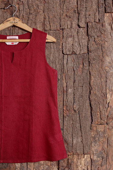 Berry Red Dyed Classic Cotton Linen Women Short Top
