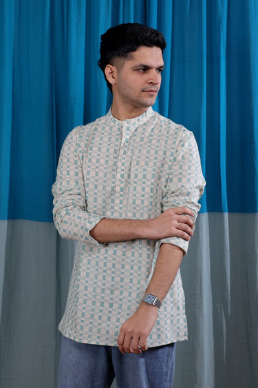 Teal Blue Sanganeri Natural Cotton Linen Men Short Kurta Full Sleeves MSKFS01265