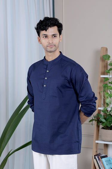 Midnight Blue Dyed Cotton Misdent Men Short Kurta