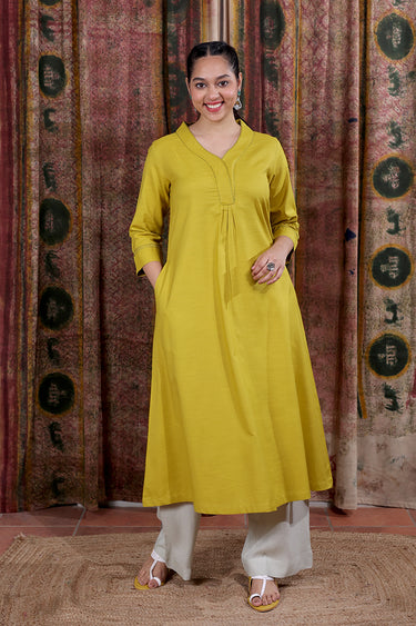 Olive Hand Dyed Cotton Viscose Blend Women Long Kurta Long Sleeves WLKLS253C54