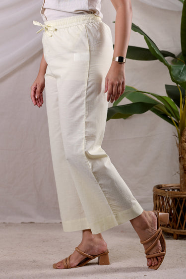 Butter Yellow Stripes Cotton Dobby Women Flared Pant