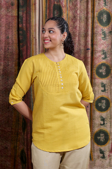 Dark Yellow Hand Dyed Cotton Linen Women Kurti Long Sleeves WKILS253C52