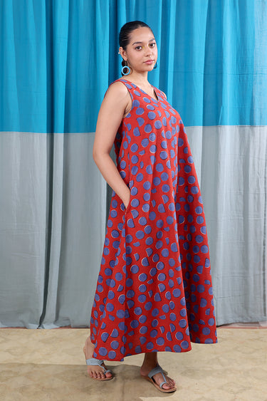 Rust Blue Bagru Lite Cotton Flax Women Maxi Dress