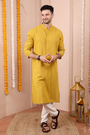 Mustard Gold Butti South Cotton Men Long Kurta Full Sleeves MLKFS252C29