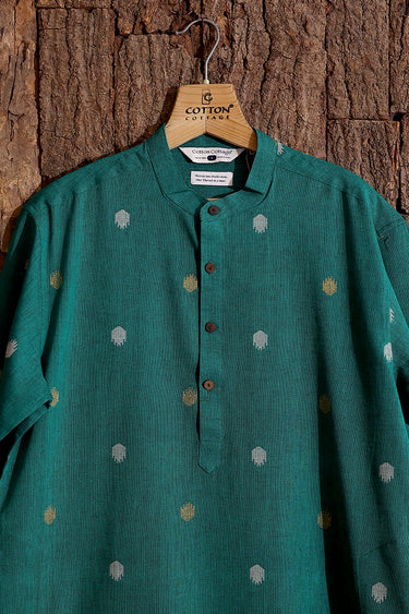 Teal Green Zari Buti South Cotton Men Long Kurta Full Sleeves MLKFS253C63
