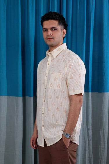 Burnt Orange Sanganeri Cotton Seer Sucker Men Shirt Half Sleeves MSHHS253C15