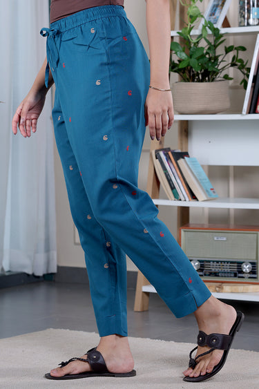 Peacock Blue Dobby South Cotton Women Ankle Pant