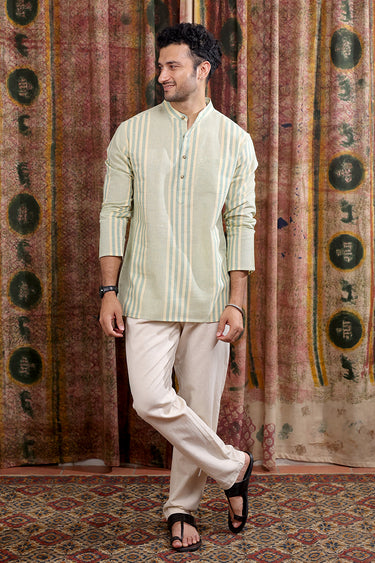 Sea Blue Stripes Cotton Linen Men Short Kurta Full Sleeves MSKFS253C3