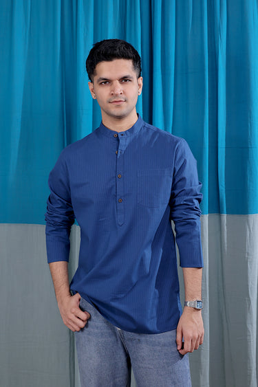 Navy Blue Dyed Cotton Misdent Men Short Kurta Full Sleeves MSKFS012620