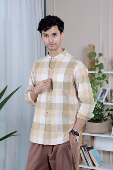 Peach Beige Checks South Cotton Men Shirt