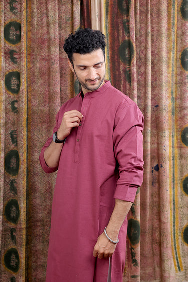 Wine Hand Dyed Cotton Linen Men Long Kurta Full Sleeves MLKFS253C47