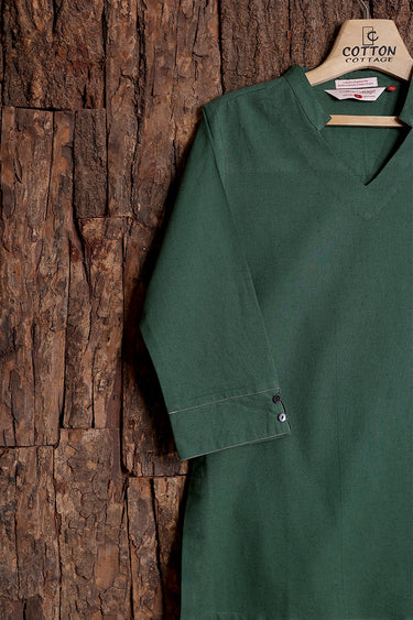 Forest Green Dyed Natural Cotton Linen Women Kurti