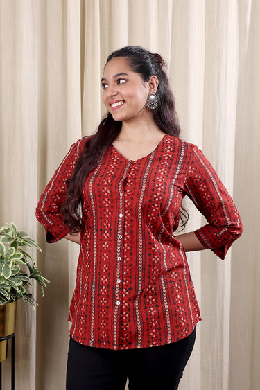 Rust Dhabu Cotton Women Kurti Long Sleeves WKILS252C89