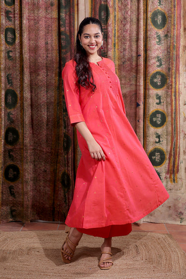 Light Coral Zari Buti South Cotton Women Ankle Kurta