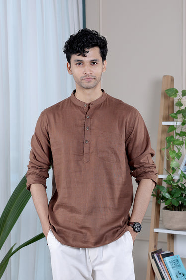 Walnut Brown Dyed Lyocell Linen Men Short Kurta
