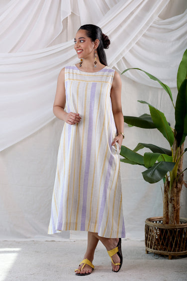 Lilac Mustard Stripes Natural Cotton Linen Women Midi Dress