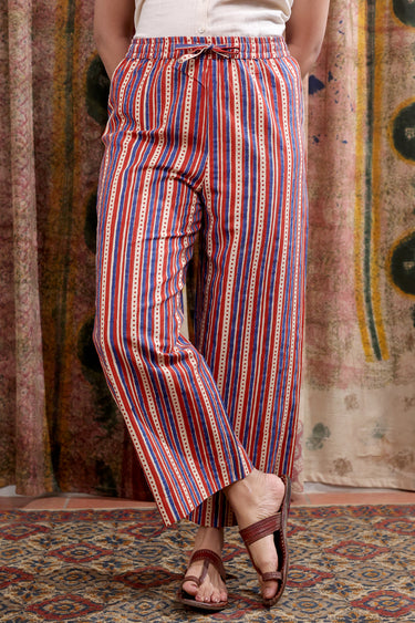 Rust Blue Bagru Cotton Flax Women Flared Pant WFLPT252C75