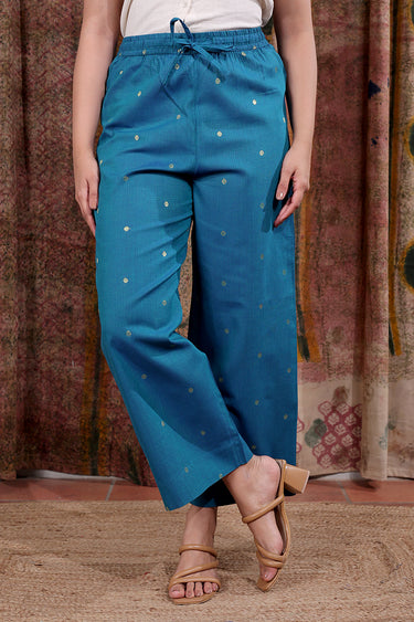 Dark Teal Zari Buti South Cotton Women Flared Pant