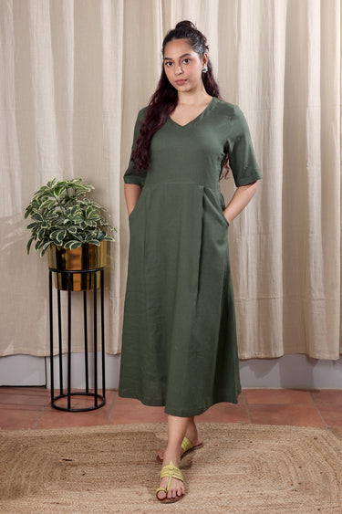 Forest Green Hand Dyed Lyocell Linen Women Midi Dress Long Sleeves WDRLS252C6