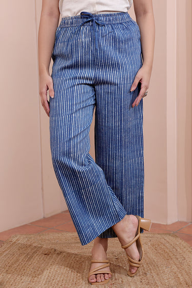 Indigo Dhabu Cotton Satin Women Flared Pant WFLPT252C76