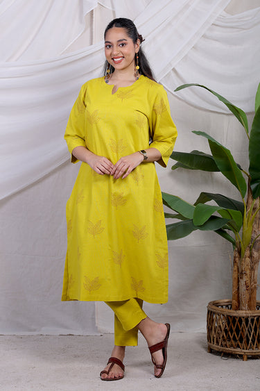 Gold Yellow Sanganeri Natural Cotton Linen Women Long Kurta