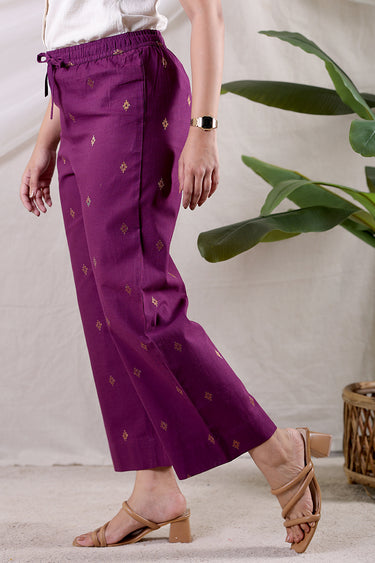 Dark Purple Zari Buti South Cotton Women Flared Pant