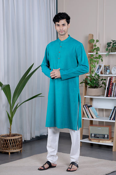 Teal Green Checks South Cotton Men Long Kurta