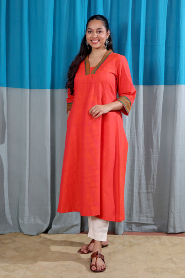 Coral Red Temple Border South Cotton Women Long Kurta Long Sleeves WLKLS122514