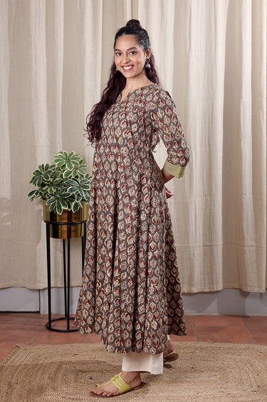 Grey Kalamkari Cotton Women Ankle Kurta Long Sleeves WAKLS252C7