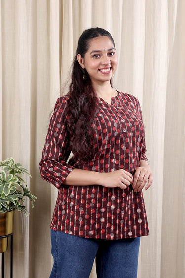 Brick Red Dhabu Cotton Checks Women Kurti Long Sleeves WKILS252C69