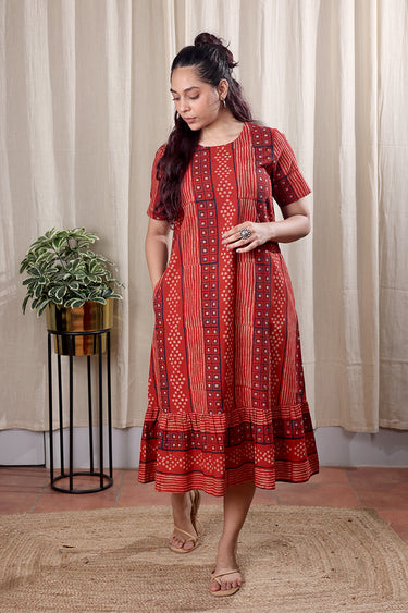 Rust Dhabu Cotton Women Midi Dress Short Sleeves WDRSS251C11