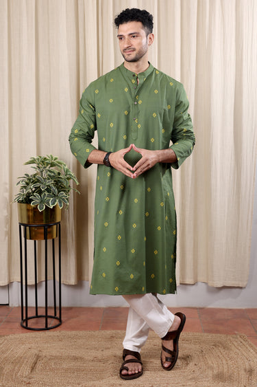 Green Dobby South Cotton Men Long Kurta Full Sleeves MLKFS252C11