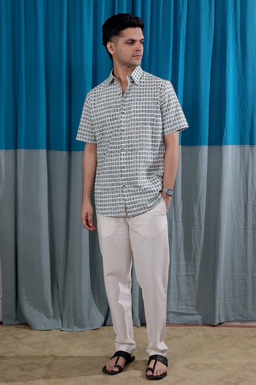 Green Blue Sanganeri Natural Cotton Linen Men Shirt