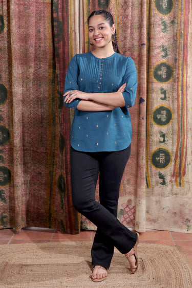 Teal Blue Zari Buti South Cotton Women Kurti Long Sleeves WKILS253C38