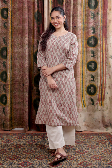 Rust Bagru Cotton Flax Women Long Kurta Long Sleeves WLKLS253C28