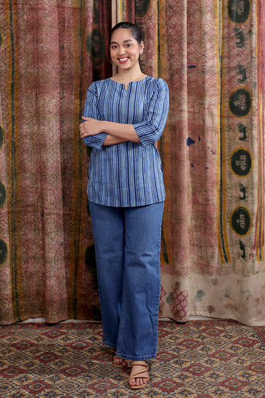 Indigo Dhabu Cotton Women Kurti Long Sleeves WKILS253C36