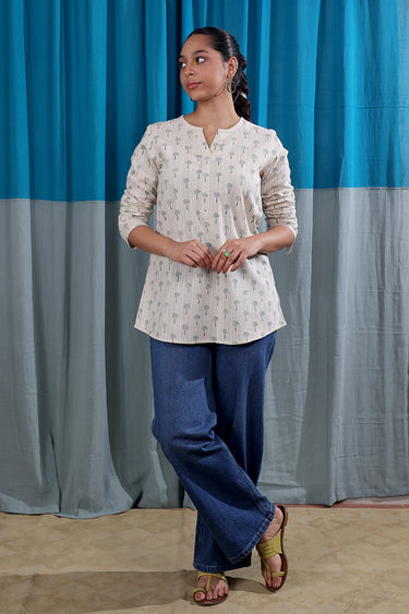 Teal Blue Sanganeri Natural Cotton Linen Women Kurti