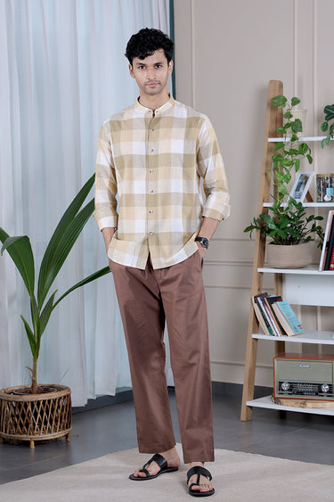 Peach Beige Checks South Cotton Men Shirt