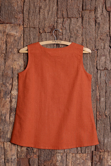 Burnt Brown Dyed Classic Cotton Linen Women Short Top Sleeveless WSTSL012613